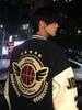 Men's Dark Blue Embroidered Baseball Jacket - Trendy Autumn/Winter Short Style for Couples