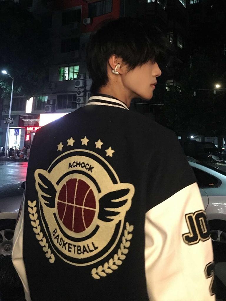 Men's Dark Blue Embroidered Baseball Jacket - Trendy Autumn/Winter Short Style for Couples