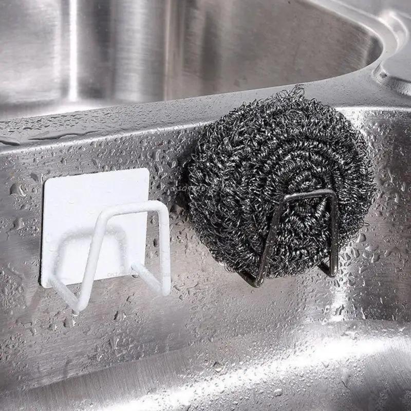 Steel Kitchen Sink Sponge Holder Sink Wall-mounted Dishwashing Sponge Holder Self Adhesive Drain Drying Rack Bathroom Organizer