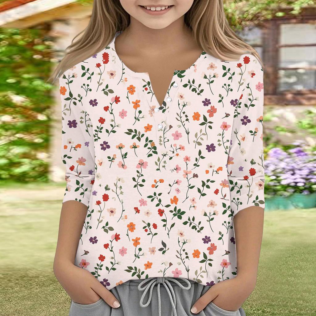 Print Tops For Youth Girls V Neck Button 3/4 Sleeves T-Shirts Trendy Tops Outfit Tees
