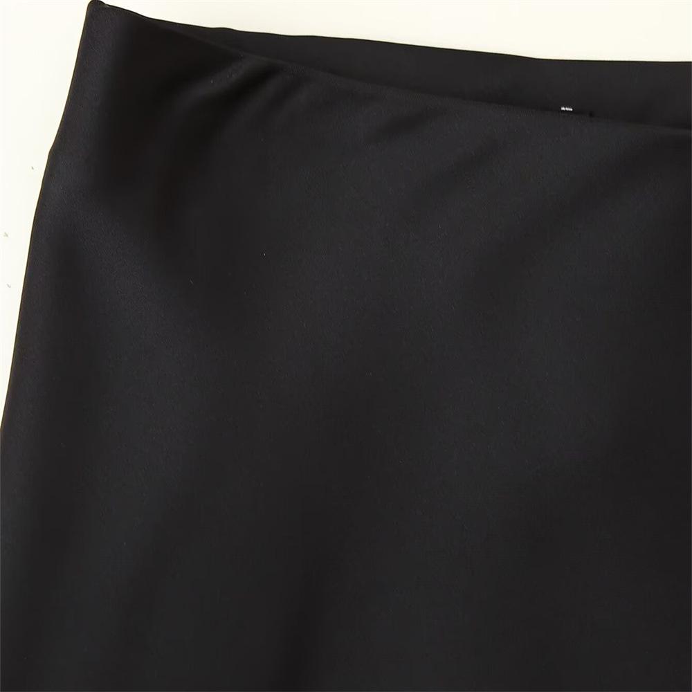 Women's Casual Slimming Satin Midi Skirt with Lace Trim