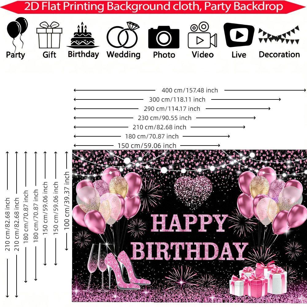 1pc Happy Birthday Backdrop Banner Holiday Party Decoration - Black Background with Pink Gold Heart Shape Champagne Glasses