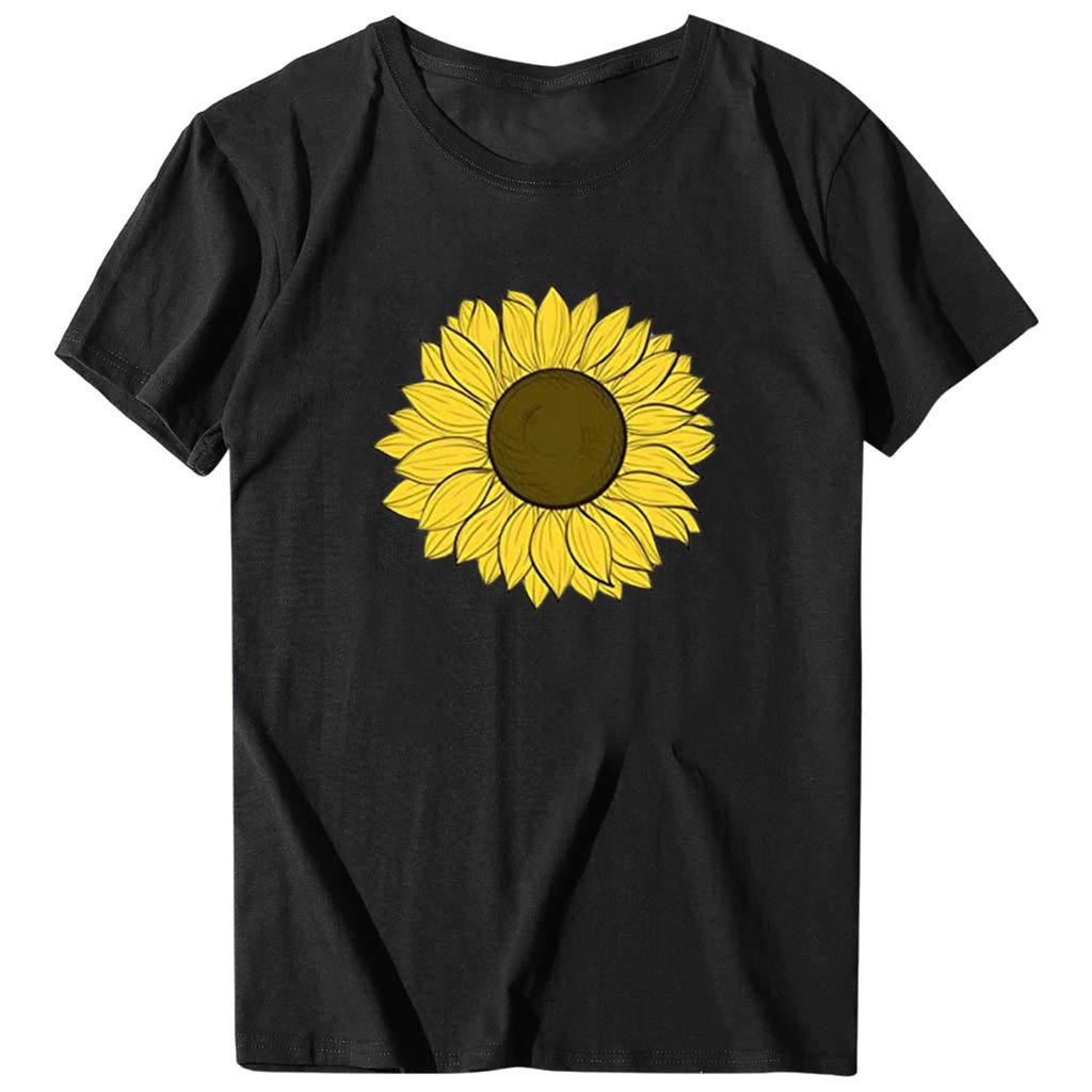 トップス kumapuu ZX)Women's Short Sleeves Sunflower Print Casual Tops Pullover