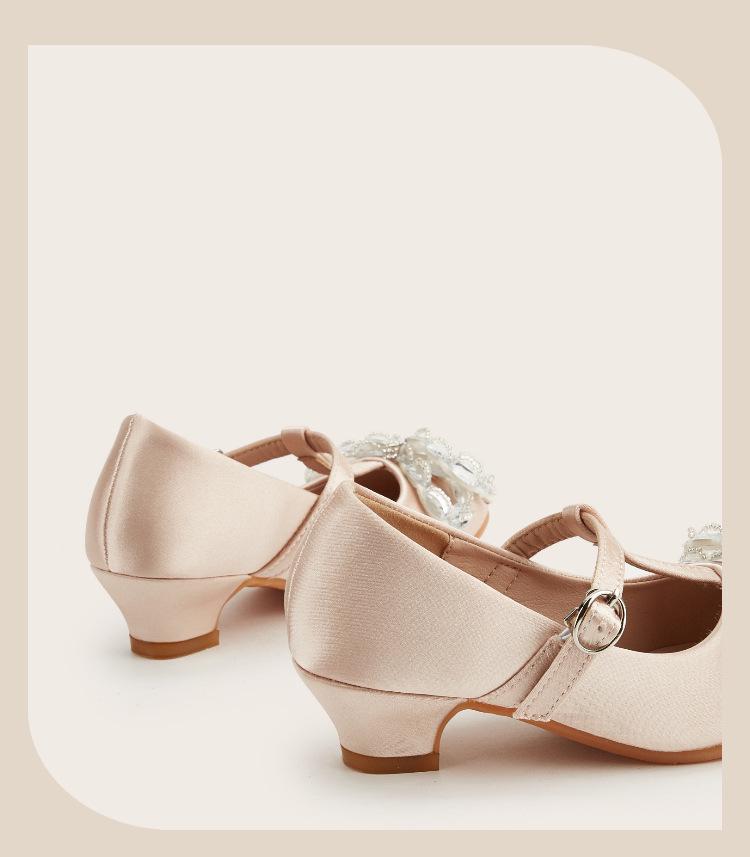 2025 Winter Crystal Flower Bow High Heels for Girls - Pointed Toe Leather Shoes for Small and Medium Children