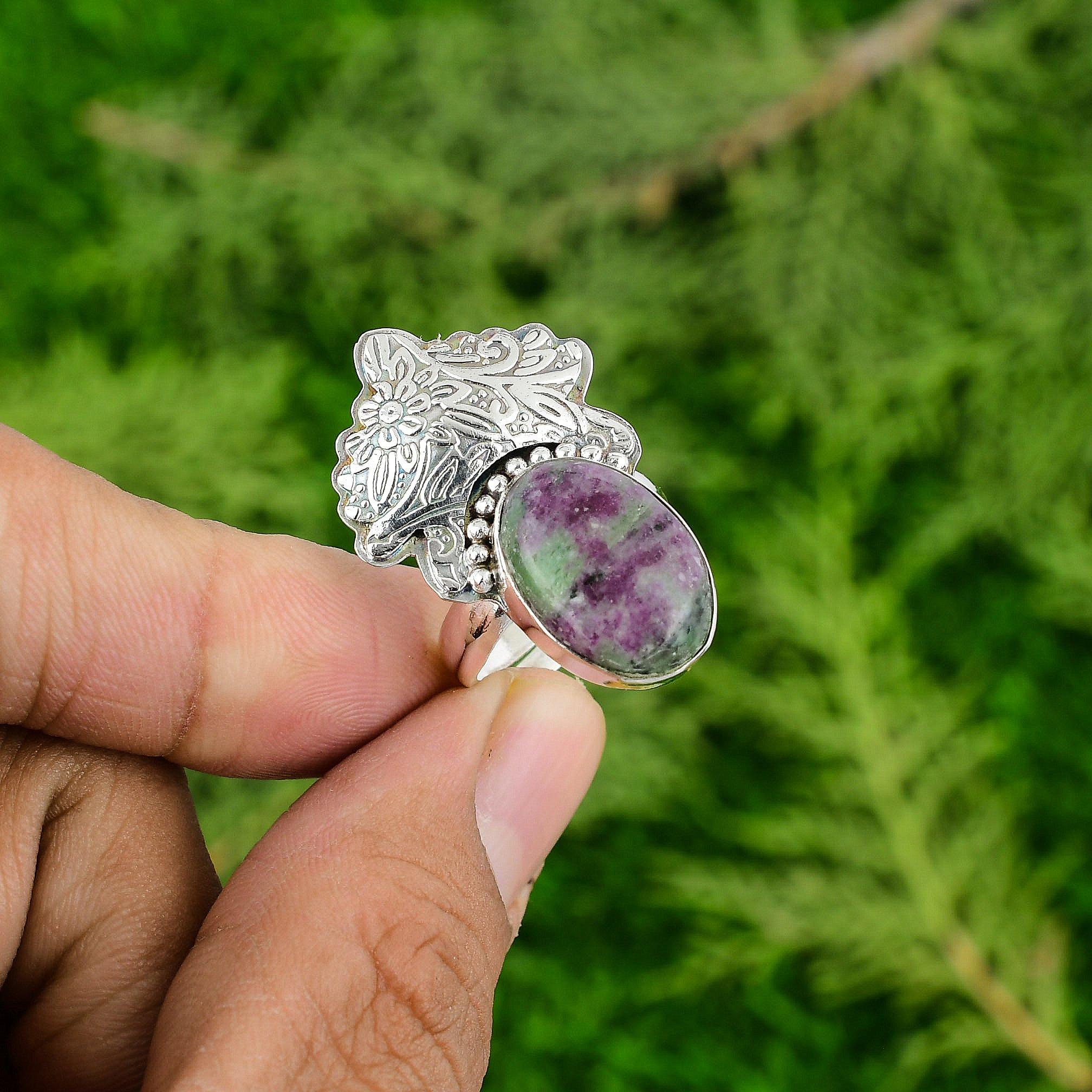 

Mothers day Deal Oval Ruby Zoisite Gemstone Sterling Silver Promise Ring Jewelry Adjustable