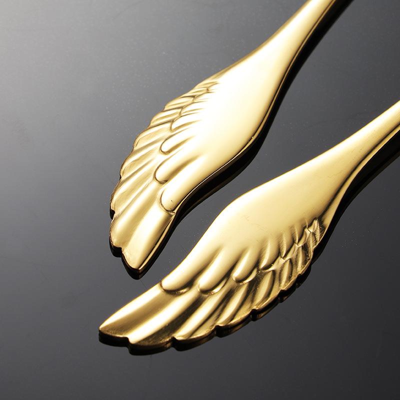304 Edelstahl kreative Obstgabel und Löffel Engelsflügelform titanbeschichtet Geschenkgeschirr Flügel Kaffeelöffel