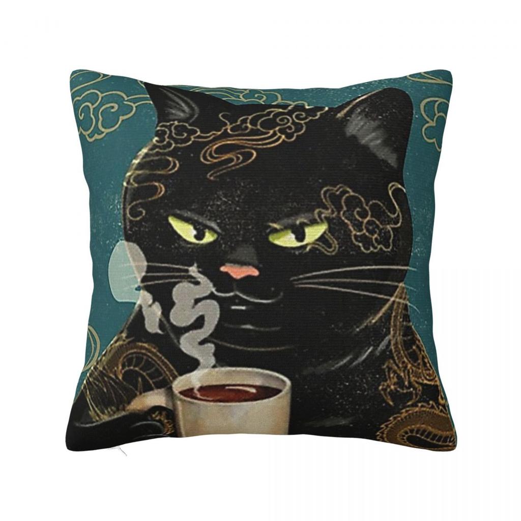 Black Cat Coffee Square Pillowcase Pillow Cover Polyester Cushion Decor Comfort Throw Pillow for Home Car