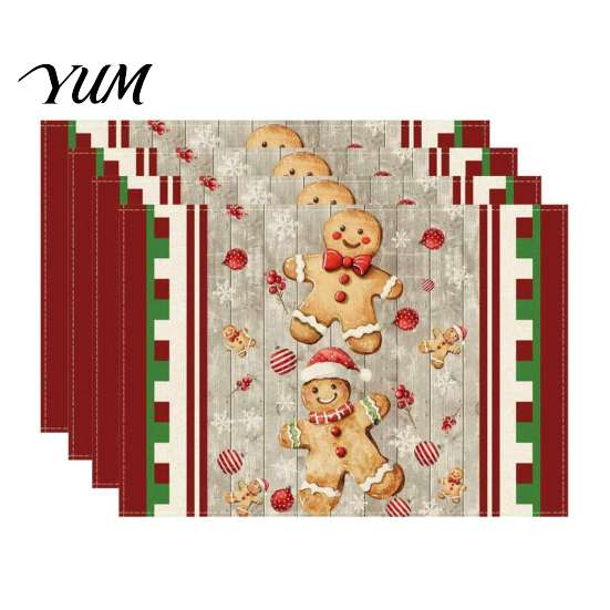 Holiday Party Supplies 4Pcs Christmas Linen Placemat Set, Cartoon Snowman Gingerbread Gnome Table Heat Insulation Pads Mat, Resistant Place