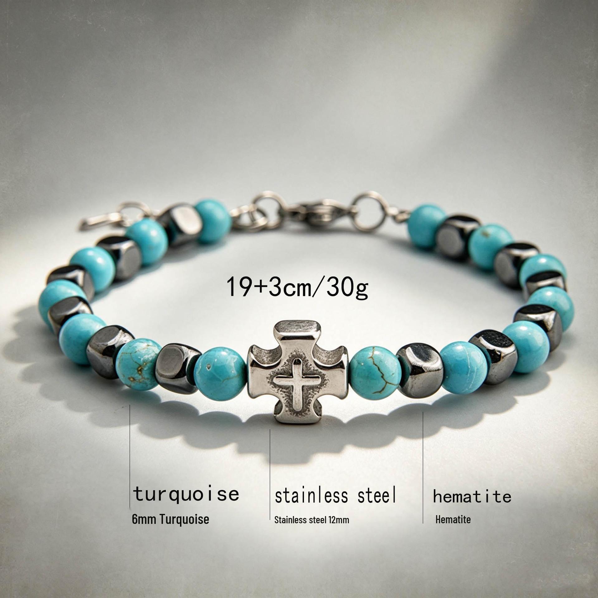 Stainless Steel Double-Sided Cross & Black Agate Yoga Bracelet with Tiger Eye & Turquoise