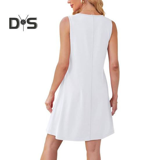 Sommerliches Westenkleid mit Seitentaschen, ärmellos, Rundhalsausschnitt, A-Linie, einfarbig, lockeres Minikleid, plissiertes kurzes Kleid für Reisen, Dating, Arbeit