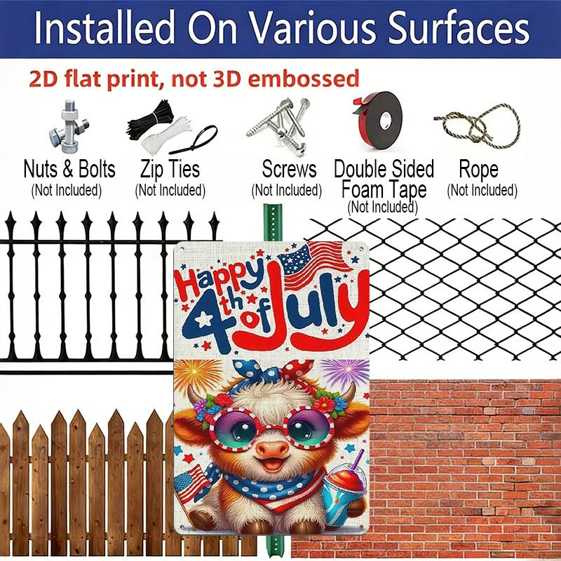 2D Flat 1pc Patriotic Metal Sign, Aluminium Metal Wall Decor, Cute Cow with American Flag Fashion Glasses & Fireworks Design | 12x8 Inch Outdoor
