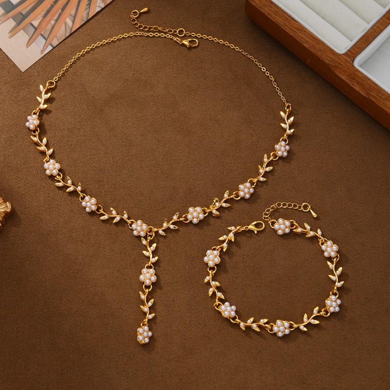 Elegant Gold Floral Pearl Necklace Bracelet Set Bridal Wedding Outfit Vintage Chic Jewelry Accessories