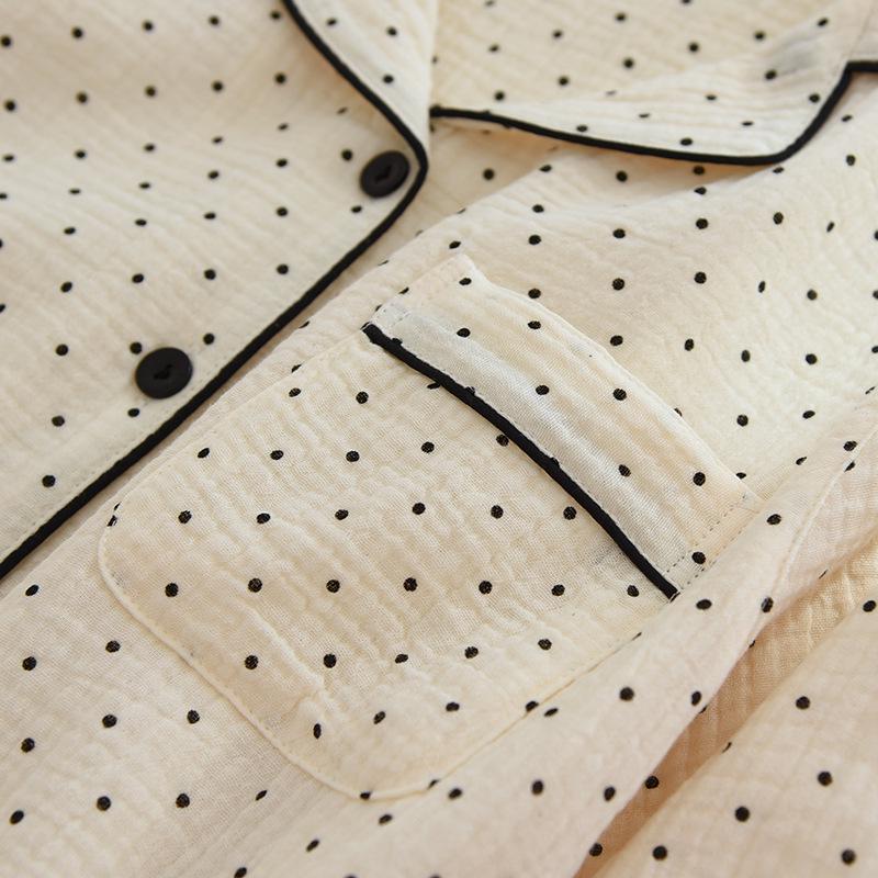 Women's Polka Dot Crinkle Cotton Pajama Set - Long Sleeve & Pants, Japanese Style, Soft Spring/Summer Homewear