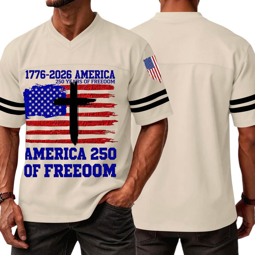 Men's V Neck Short Sleeve Sports T Shirt Casual Athletic Jersey with Independence Day Patriotic Print America 250 Freedom Graphic Tee