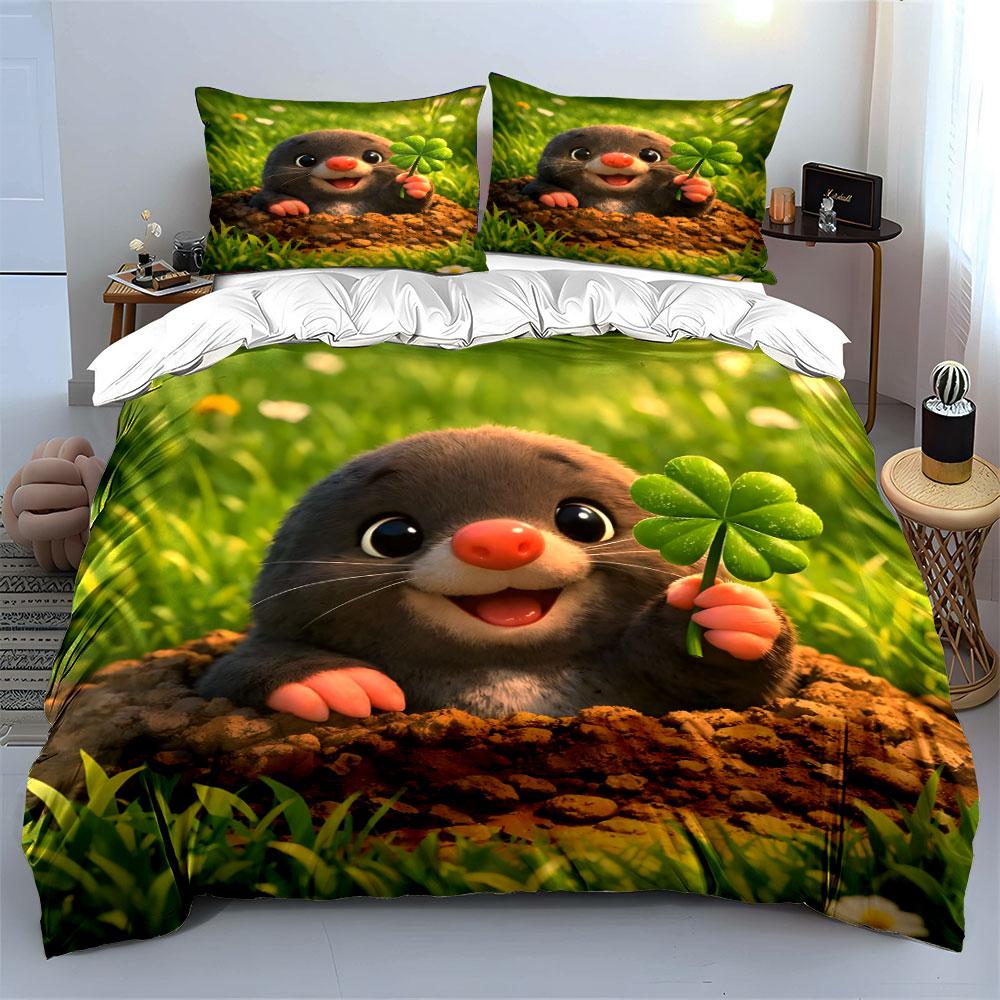 Adorable Mole Holding Clover Printed Duvet Cover Set1 Duvet Cover+2 Pillowcasemulti Size Bedroom Bedding Decor Luxury Gifts