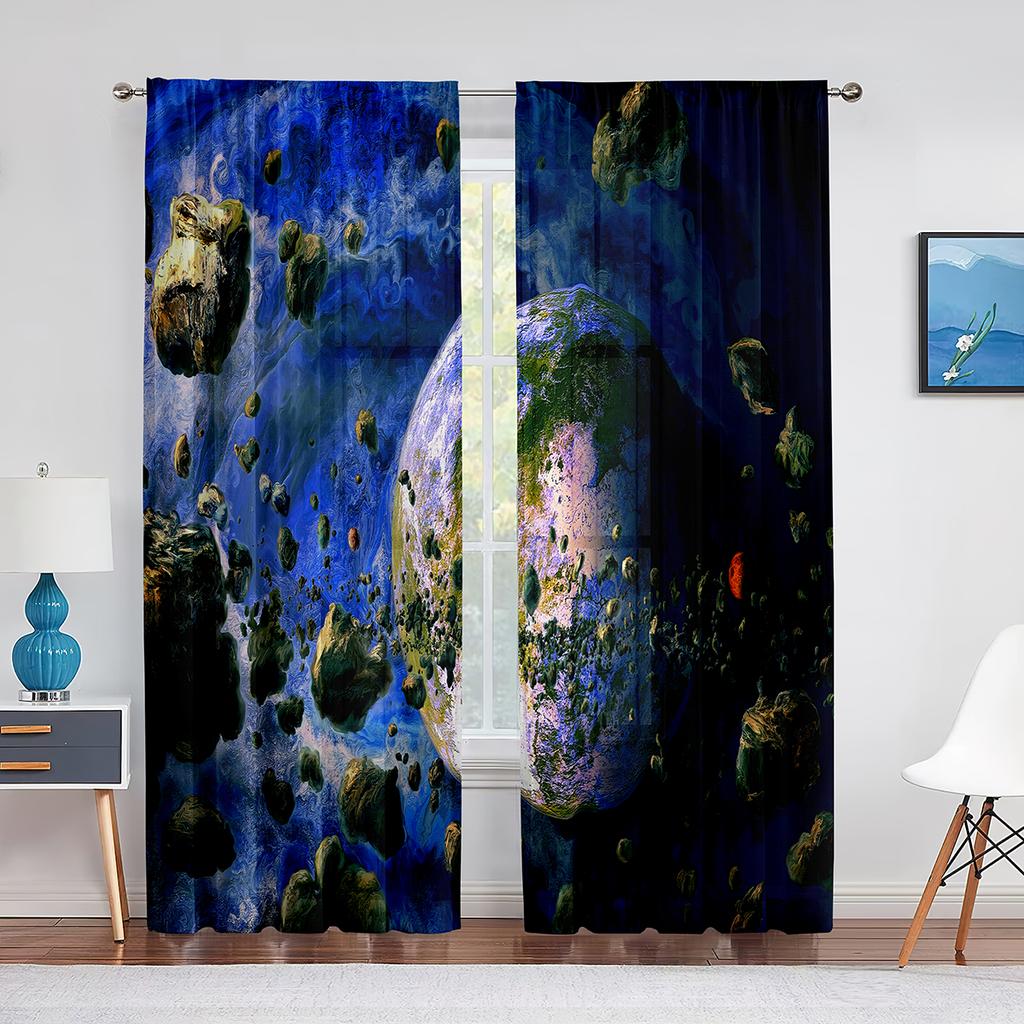 Galaxy Tulle Curtains Blue Red Planets Orbital Ring Stars Outer Space Sheer Voile Curtain for Living Room Bedroom Kitchen Decor