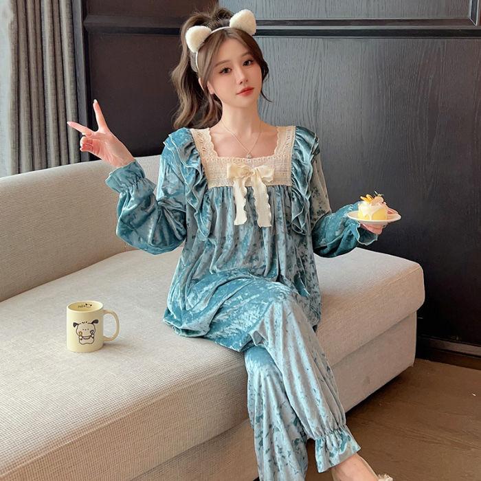 Spring and Autumn Pajamas Women's Gold Velvet Long Sleeve Pajamas Set Palace Diamond Velvet French Sweet Ladies Home Clothes