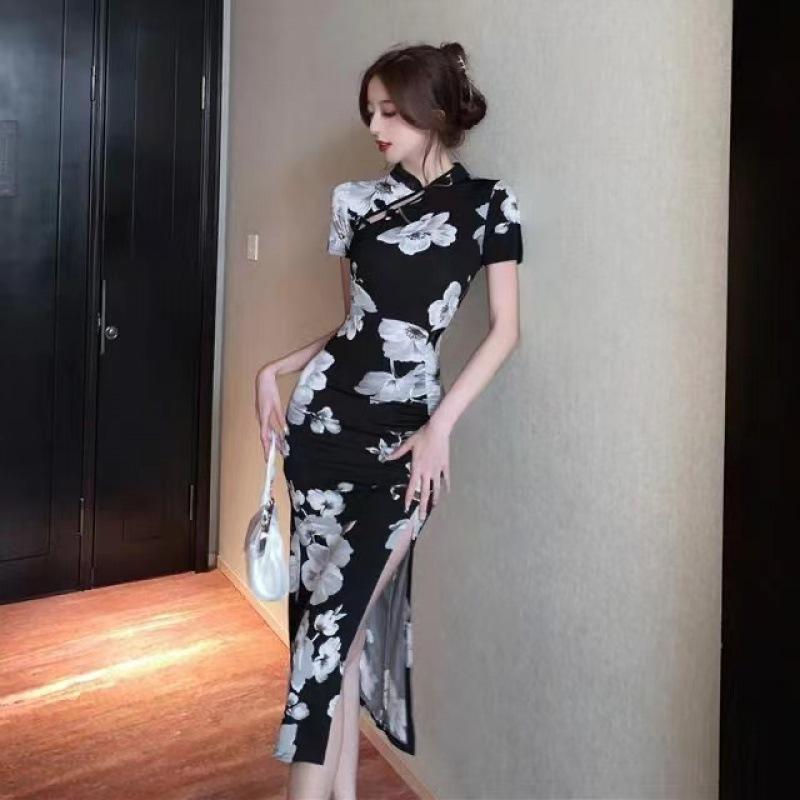 retro printing improved cheongsam high split fork daily hip fold waist medium and long dress