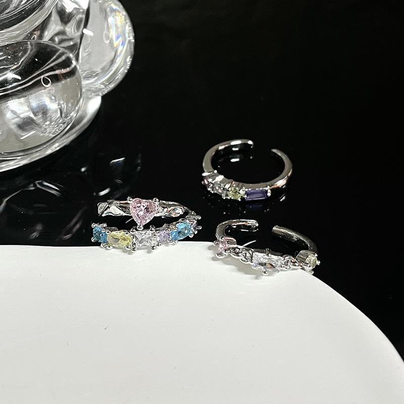 Diamond Ring Light Luxury Niche Design High Sense Unique Color Zircon Contrasting Color Ring Dream Rainbow Open Ring