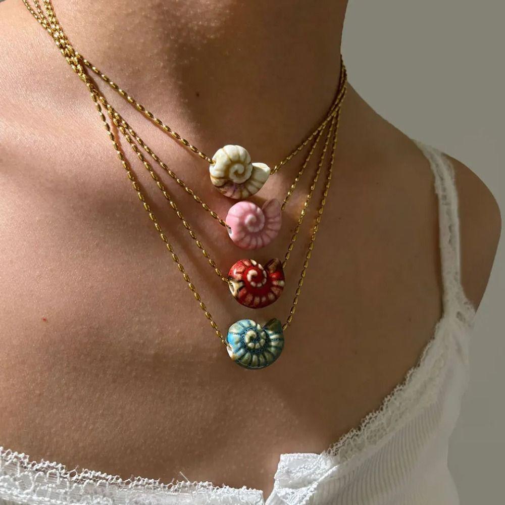 Ceramic Conch Pendant Necklace Stainless Steel Chain Collarbone Chain Fashion Conch Necklace  Women