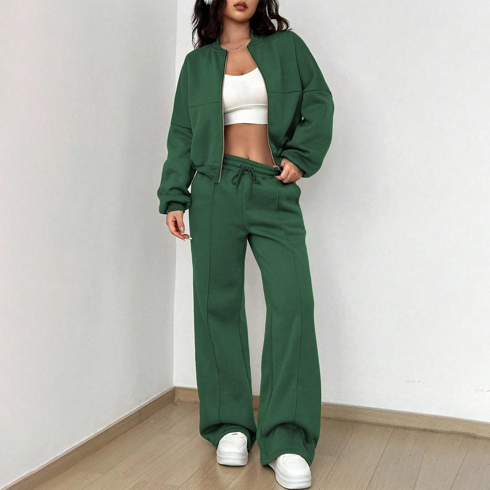 

Women s Daily Color Cardigan Zipper Slim Fit Elastic Long Sleeved Two-piece Set XL зелёный