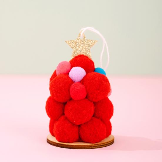 Plush Christmas Tree Ornament, Cute Pom Pom Balls Tree-Shaped Hanging Pendant with Star Tree Topper for Tree Wreath Home Party Decoration