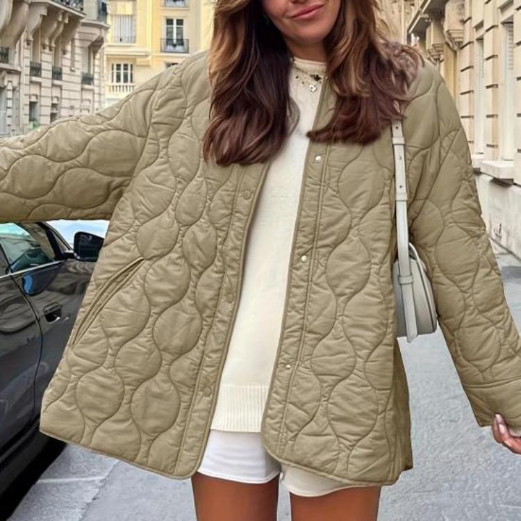 Jachetă puffer matlasată ușoară pentru femei, de iarnă, casual, outerwear, cu mânecă lungă, nasturi, căptușită, cu buzunare