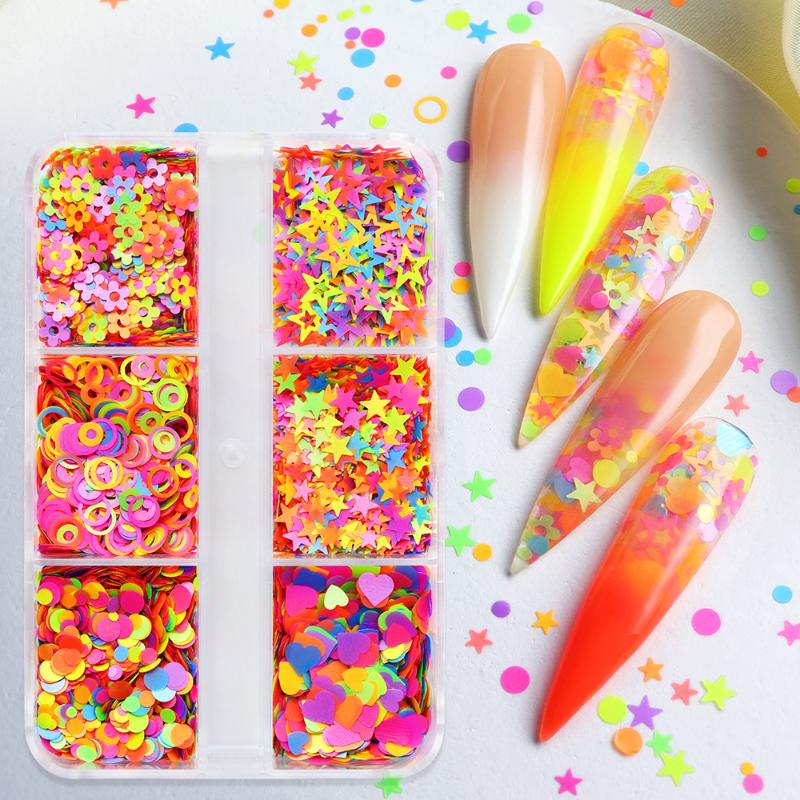 6 Grilă Mini Paiete Fluorescente în Formă de Decor pentru Unghii Iubire Stea Culoare Mixtă Sclipici pentru Unghii Accesorii Material Lac de Unghii DIY