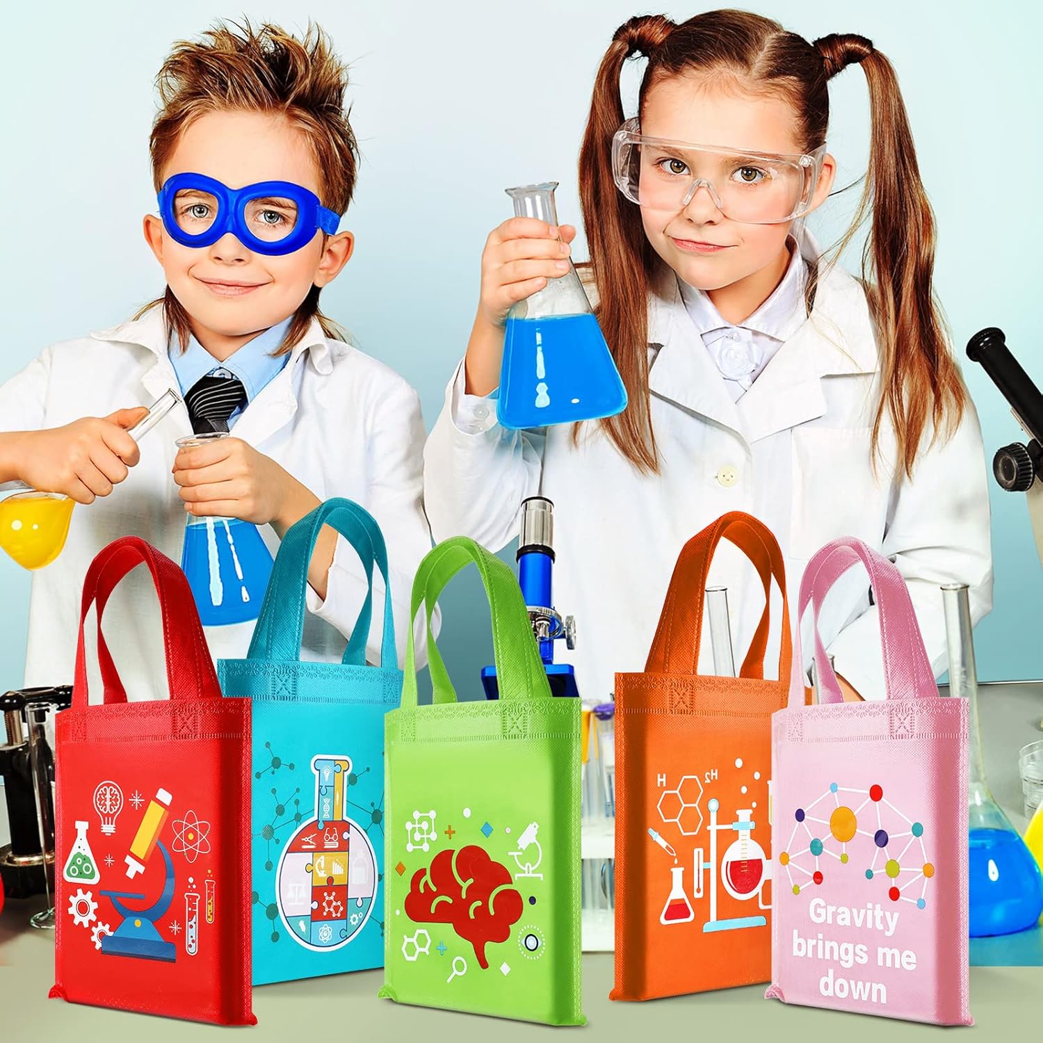Ferraycle 24 Pcs Science Party Favor Bags Lab Week 2025 Decorations Non Woven Goodie Treat Gift Bags with Handles Science Themed Birthday Party