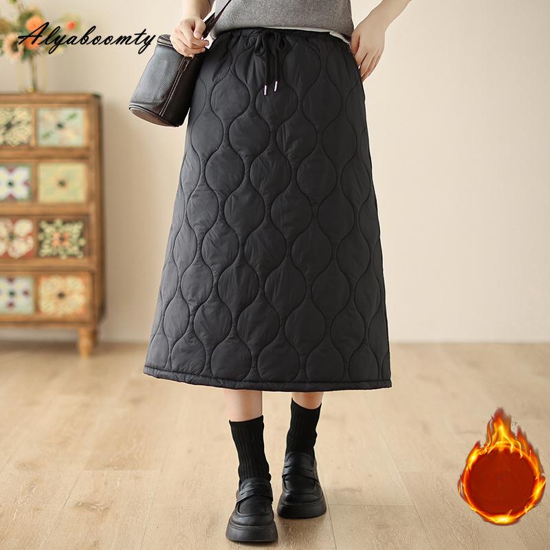 Podzimní Zimní Dámská Černá Midi Sukně v Korejském Stylu Elastický Pás Polstrovaná Teplá A-Linová Sukně Základní Jednobarevná Volná Silná Sukně Dámská