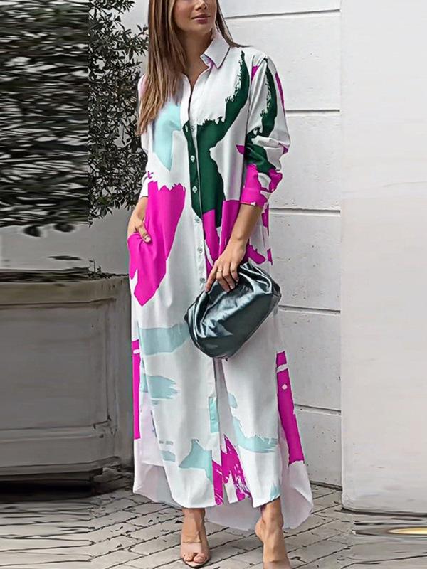 Mode Elegant Langarm Druck Langhemdkleid Lässig Locker Schlitz Revers Büro A-Linie Partykleider Taschen Frühling Herbst Einfache Kleidung
