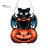 Festive Wooden Wall Hanging Halloween Door Sign, Black Cat Bat Pumpkin Plaque with Indoor Outdoor Holiday Ornament Jute Rope, Farmhouse Front