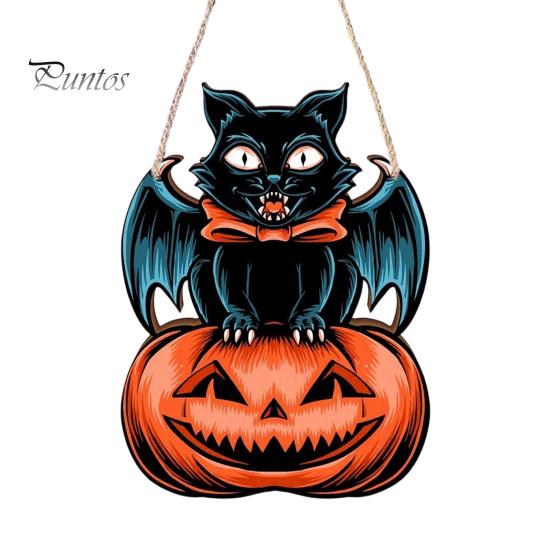 Festive Wooden Wall Hanging Halloween Door Sign, Black Cat Bat Pumpkin Plaque with Indoor Outdoor Holiday Ornament Jute Rope, Farmhouse Front