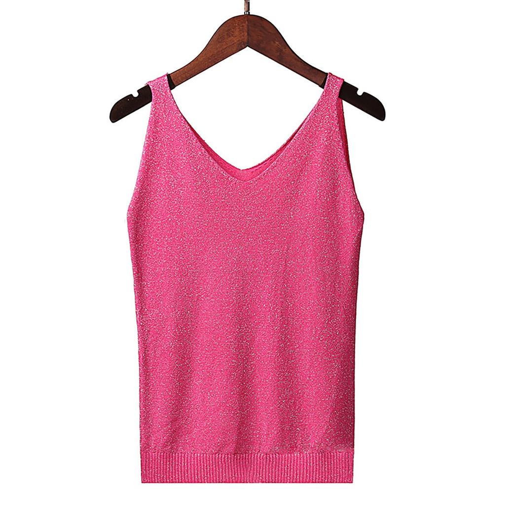 Women's Tank Top With Knitted Sequins Sexy Sleeveless V Neck Tank Top T-Shirt Casual Sequins Strappy T-Shirt Elegant Blouse