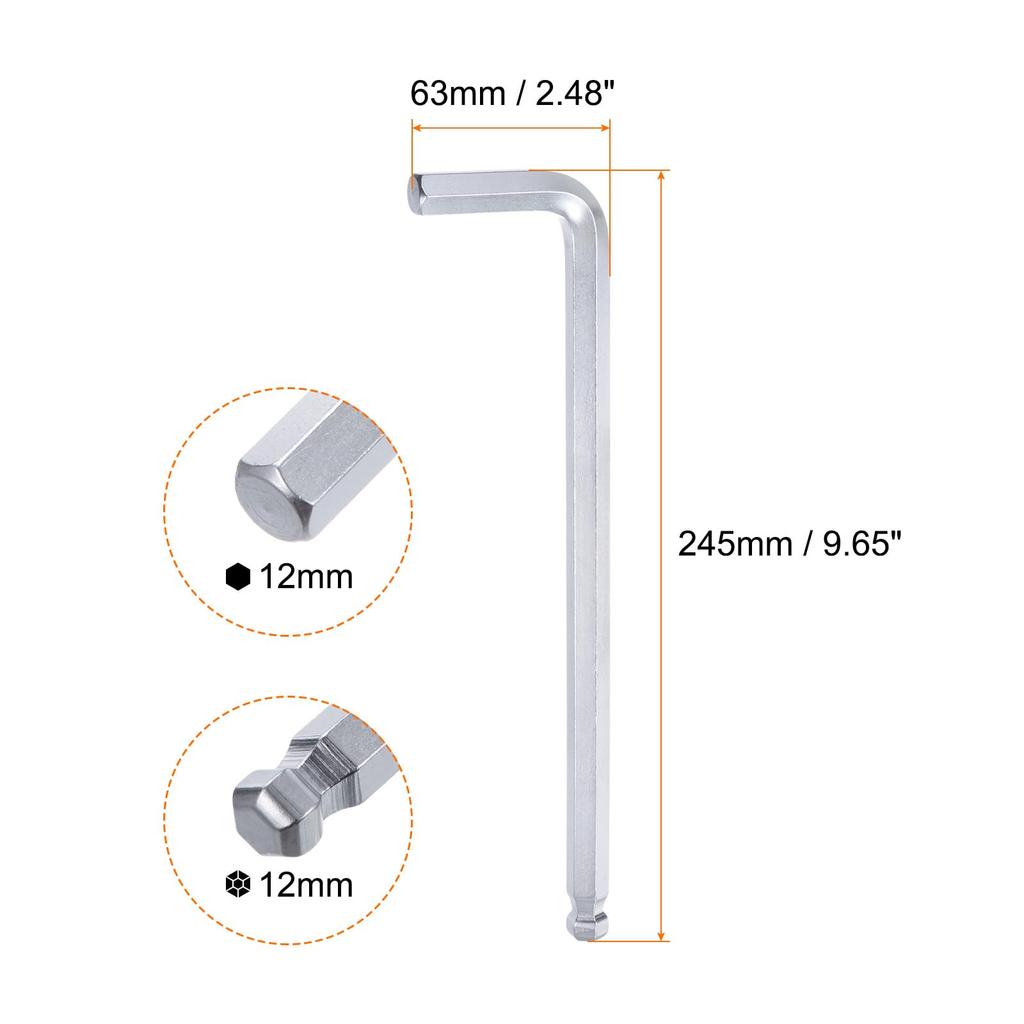 Uxcell 12mm Hex Ball Head Hex Key Wrench Long Precision Tool Easy To Apply For DIY Total Length 245mm Wrench, L-Shaped Set, Set, Force, Tightening,