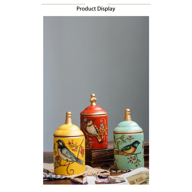 1pc Decorative Ceramic Storage Jar with Lid, Bird Design, Food-Safe Porcelain Tea/Coffee Canister
