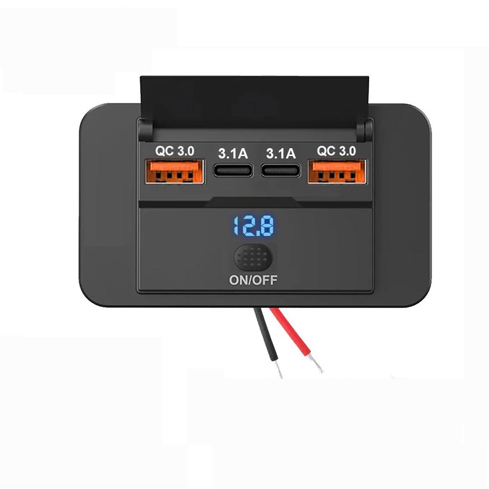 Dual PD Dual QC 3.0 USB Car Charger 12V RV USB Outlet Panel 108W Fast Charge Socket with Switch & Voltmeter for Boat Motorcycle