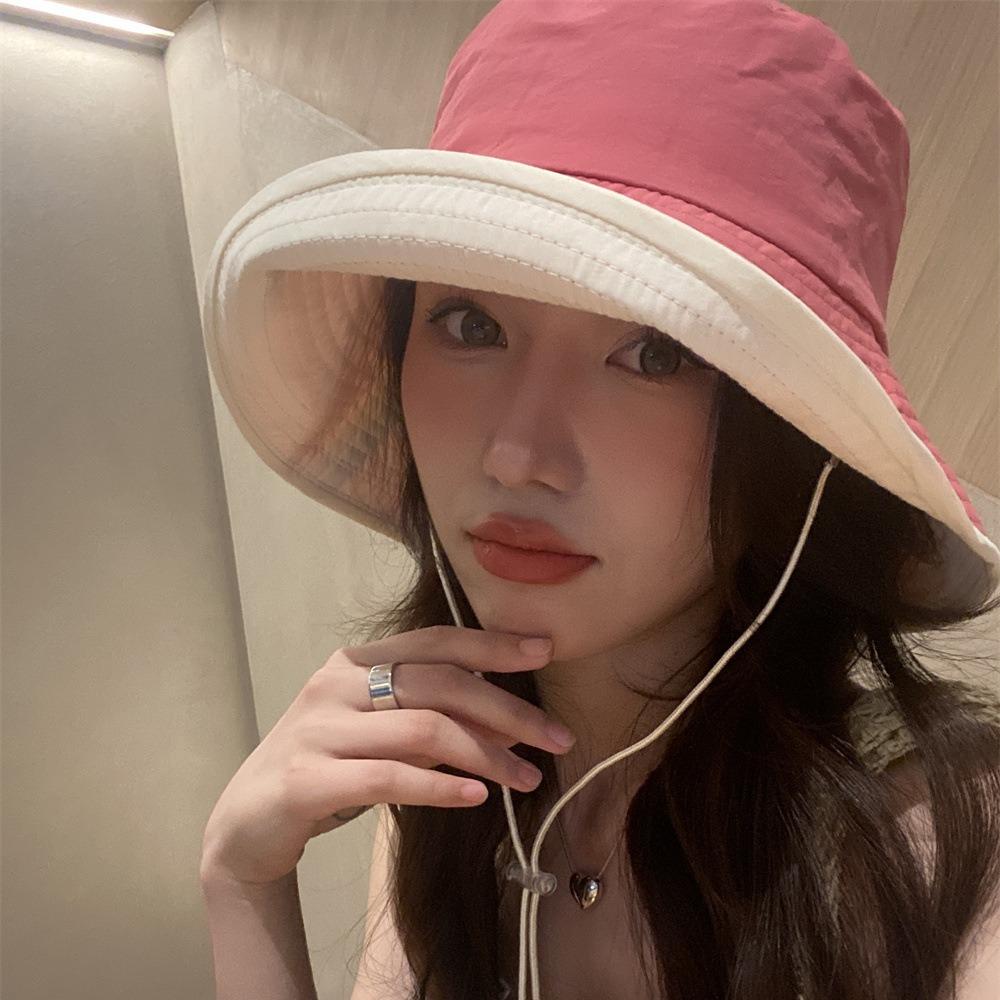 Light and quick-drying wide brim bucket hat Spring and summer camping windbreak rope Contrast color sun hat Sunscreen sunshade basin hat Children