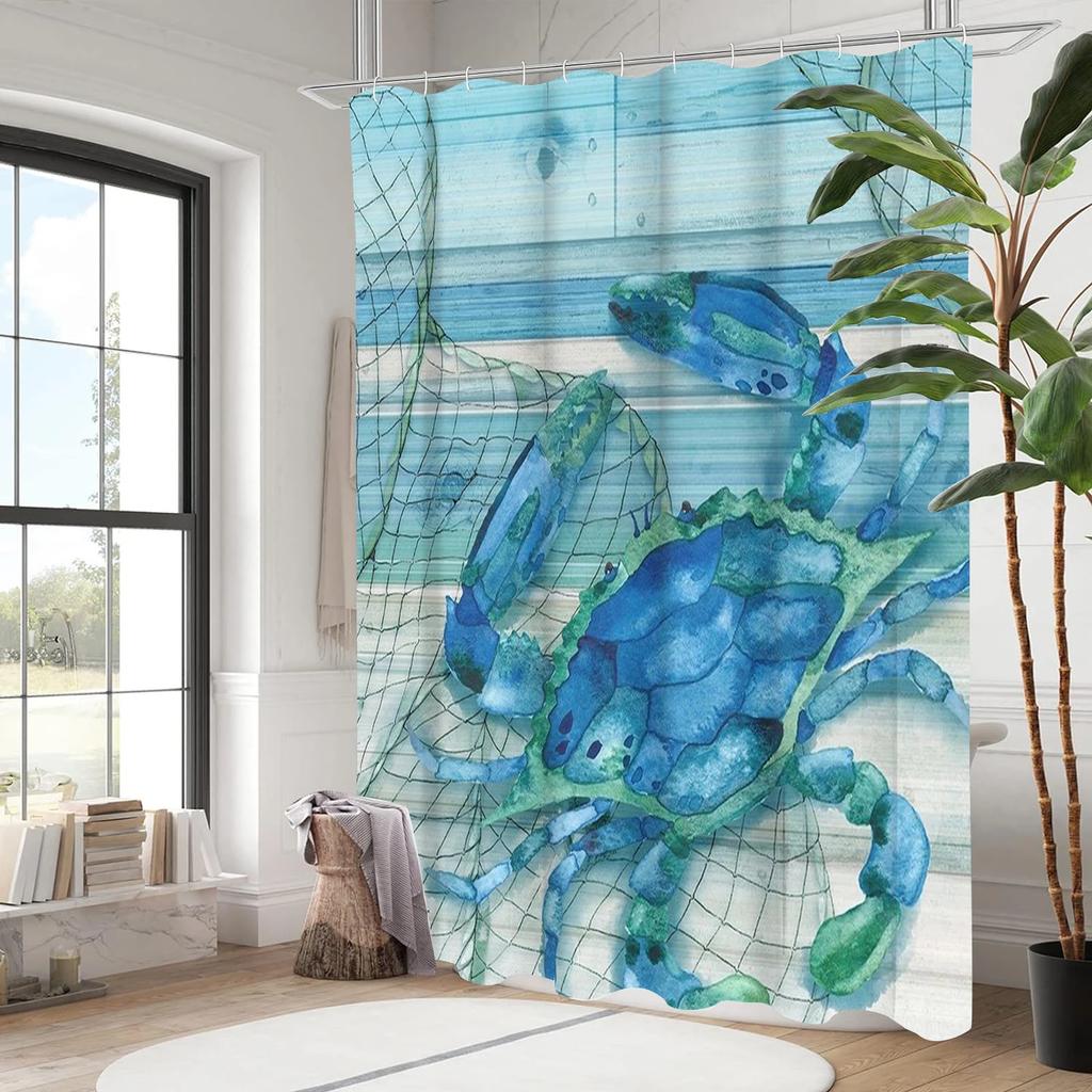 Crab Turtle Fishes Pattern Bathing Curtain  Bathroom Shower Curtain Waterproof With 12 Hooks Home Deco