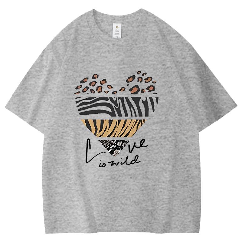 

Leopard Print Tiger Skin Heart Pattern Unisex Women Cotton TShirt Love in Wild Print Retro Designed Unisex Tee Loose Graffiti Top S