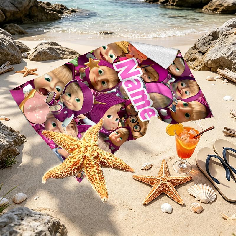 Asciugamano da Spiaggia Personalizzato con Nome Masha e Orso, per Viaggio Campeggio Festa in Spiaggia Decorazione Casa, Regalo di Compleanno per Famiglia e Amici