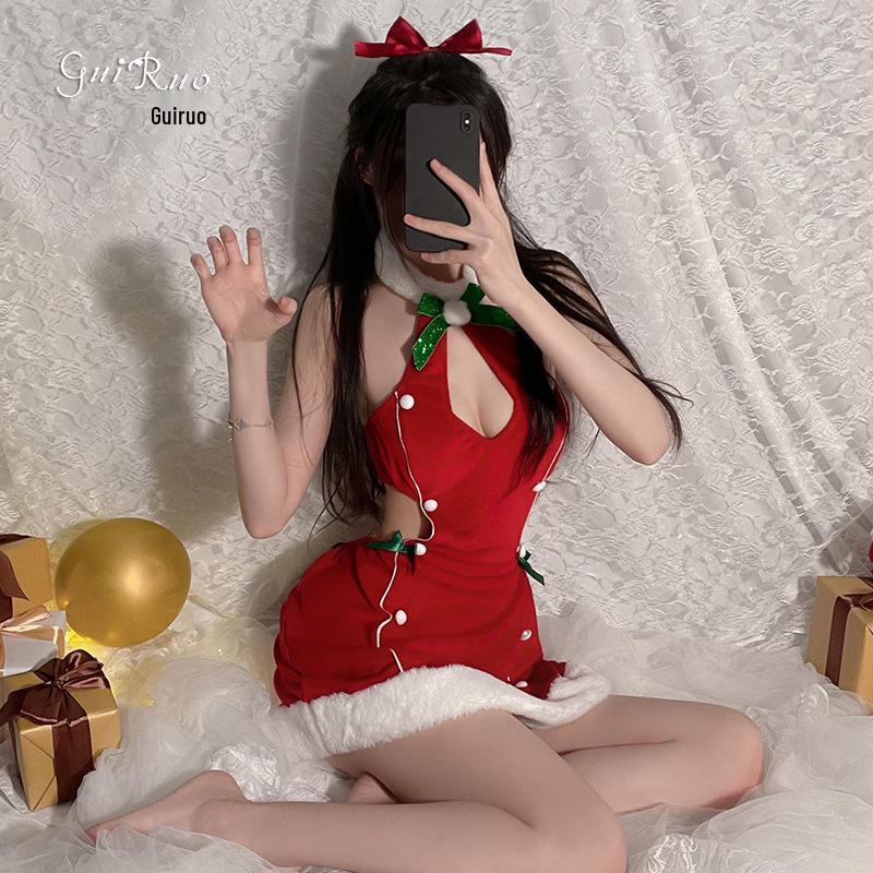 Rose Velvet Christmas Cutout Halter Lingerie Set for Women