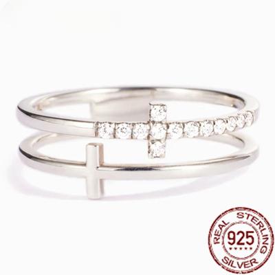 Trumium 925 Sterling Silver Trendy Minimalist Double Cross Rings For Women Geometric Double Layer CZ Ring Wedding Fine Jewelry