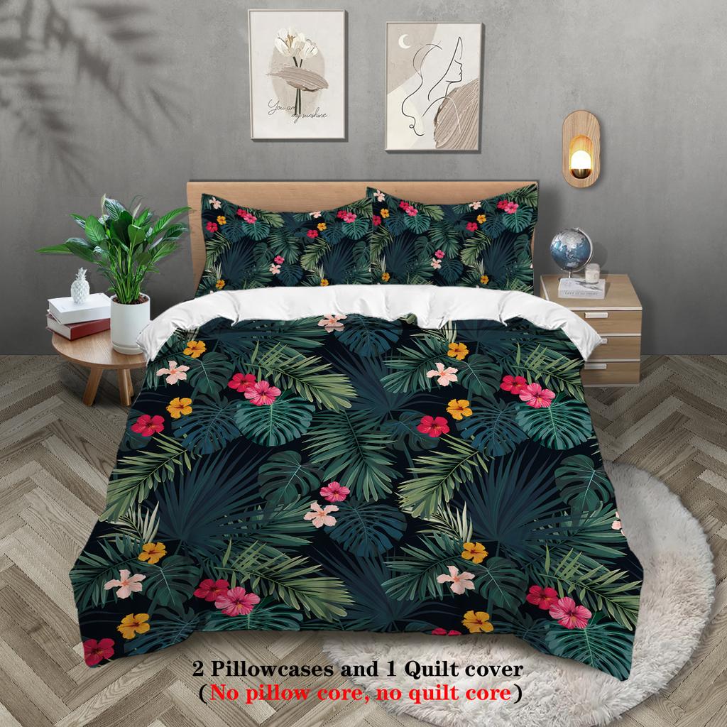 3pcs palm leaves pattern printed bedding set, suitable for teenagers and adult's bedroom, camping, 1*duvet cover+2*pillowcase