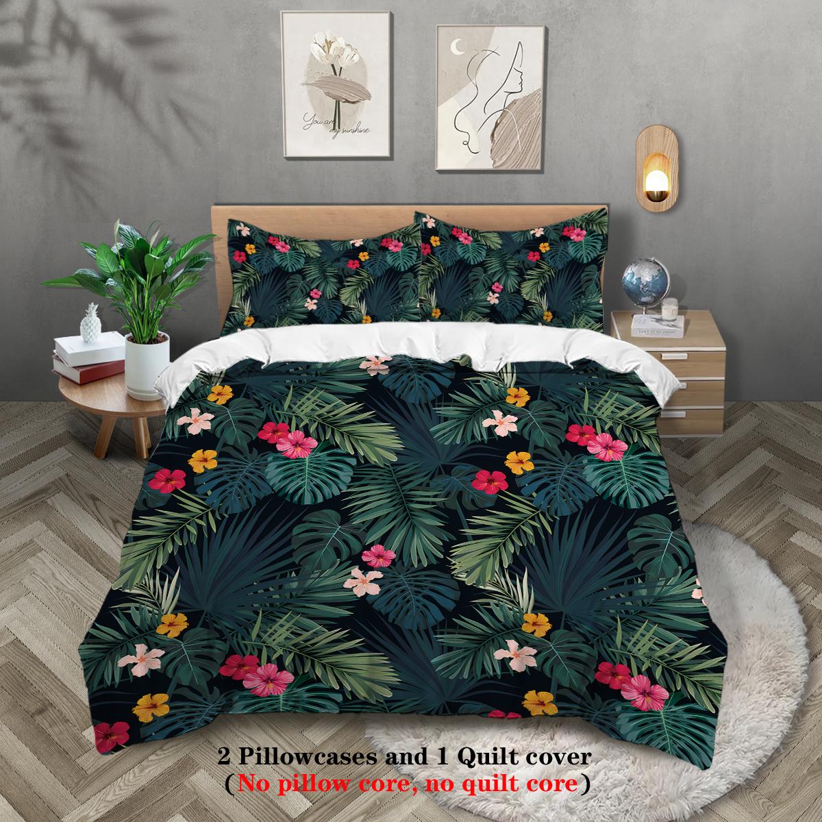 

3pcs palm leaves pattern printed bedding set, suitable for teenagers and adult s bedroom, camping, 1*duvet cover+2*pillowcase 135x200cm-EU-Single