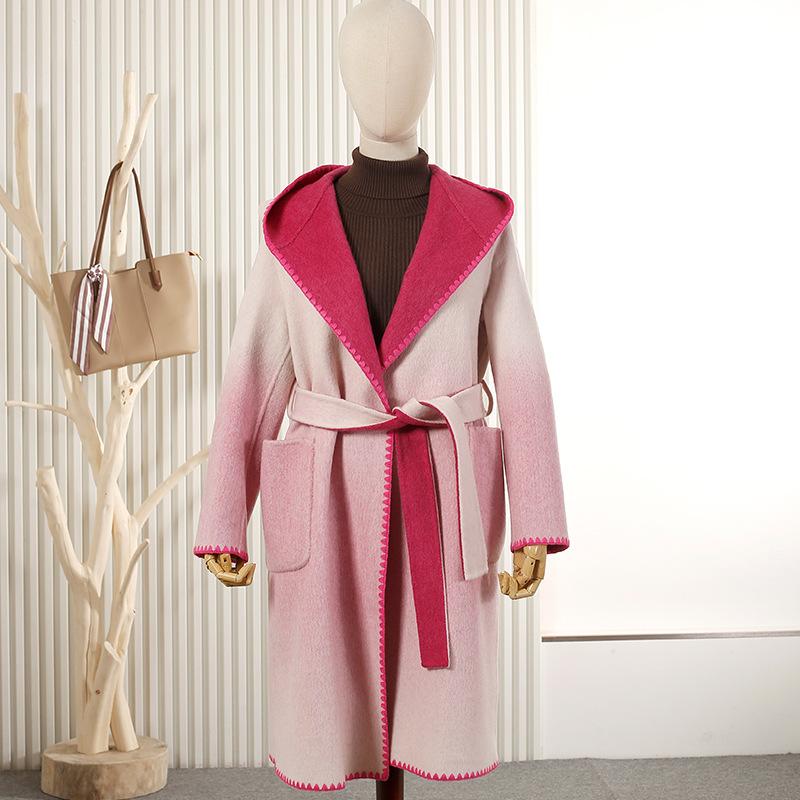 

Новое шерстяное пальто с градиентным переходом по краю, двустороннее шерстяное пальто, женское, с индивидуальностью, ленивое, свободное, универсальное, на шнуровке L красный