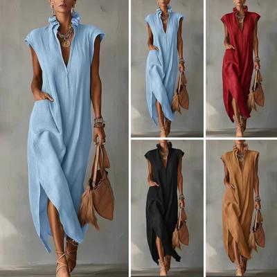 Women Stand Collar Sleeveless Dress Deep V Neck Side Slit Tunic Dress Casual Vacation Long Dress with Pockets
