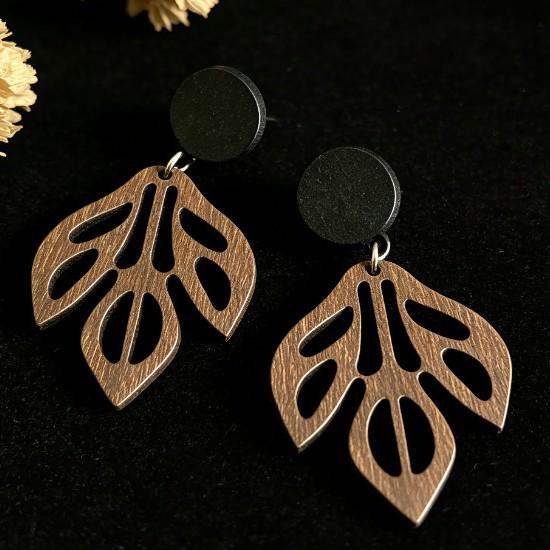 Retro Color Block Leaf Shape Wooden Earrings – Double-sided Black Round Leaf Vein Design