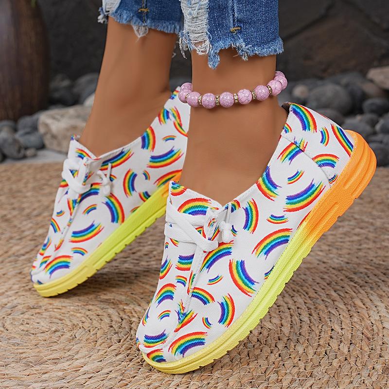 2025 New Plus-size Lace-up Color Low-top Shoes Women's Ethnic Style Graffiti Lazy Canvas Flat Shoes