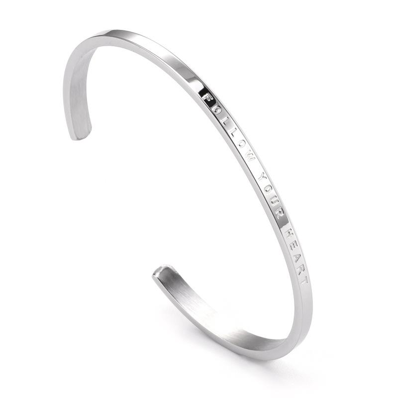 Titanium Steel C-Shaped Engraved Follow Your Heart Open Bracelet for Couples